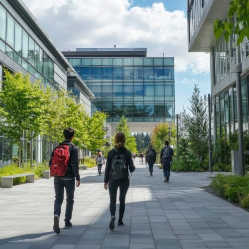 A college campus with students walking between modern buildings and greenery.