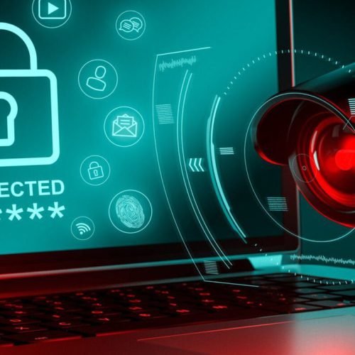 Surveillance camera is focusing on a computer for possible leak of sensitive data in office or corporation. Compliance concept. 3D rendering