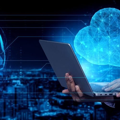 Cloud computing technology and online data storage for business network concept. Computer connects to internet server service for cloud data transfer presented in 3D futuristic graphic interface.