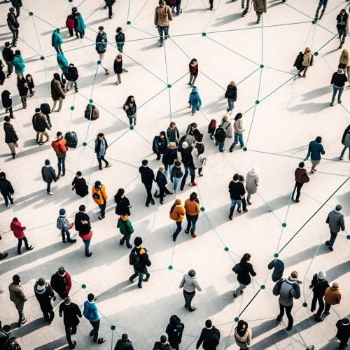 Aerial view of a crowd with a network of connections, generative ai