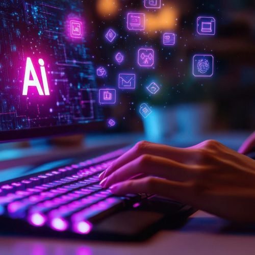 AI integration in modern business on the blurry backdrop of the office
